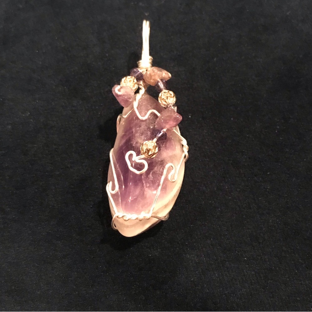 Vintage Artisan Made Amethyst Tumbled-Stone Pendant, SilverTone, Beading Accents